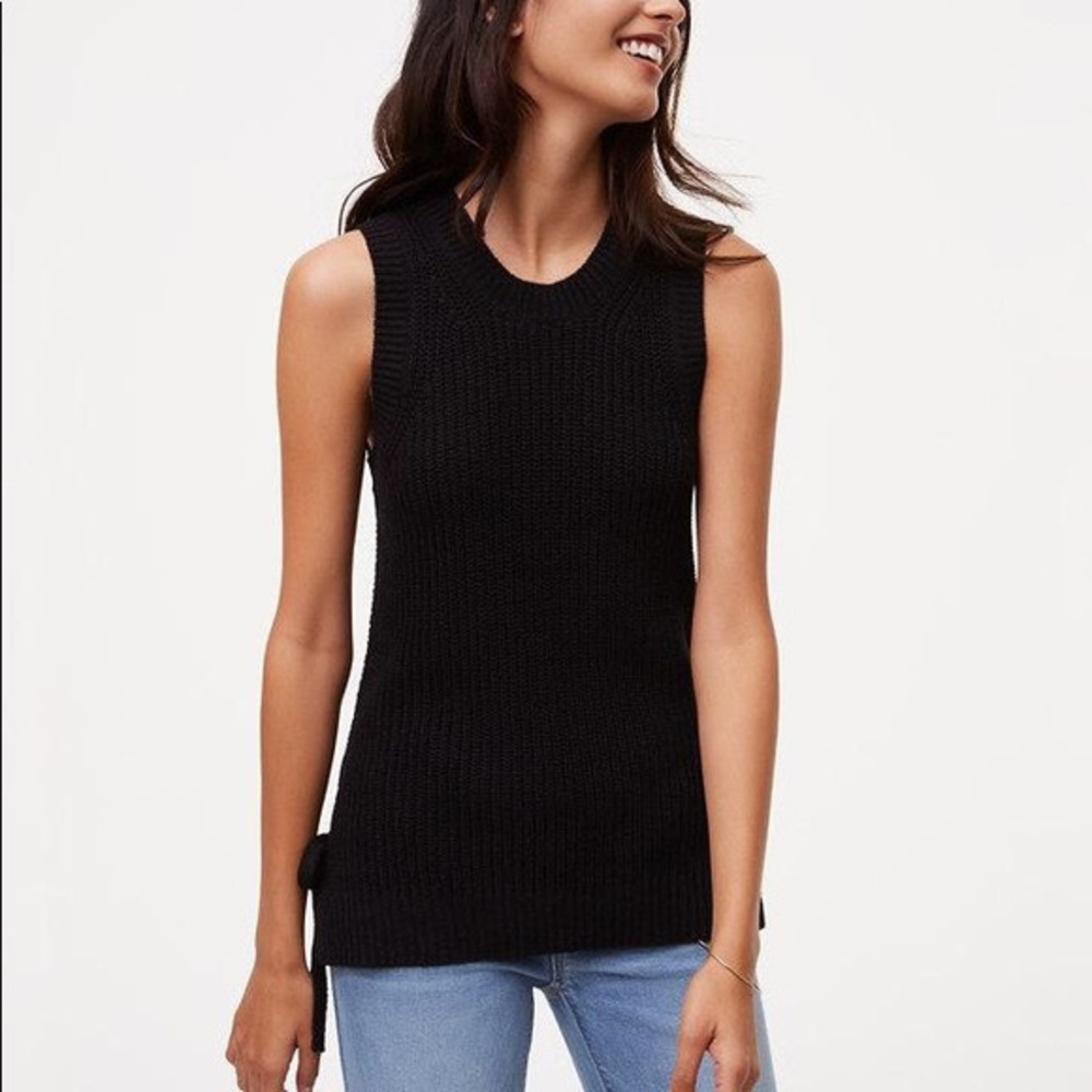 LOFT Black Linen Blend Sleeveless Crewneck Sweater Tank Side Ties Womens XS